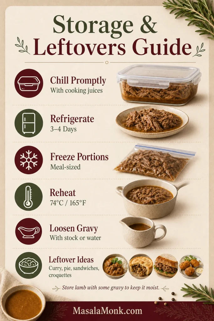 Storage and leftovers guide for slow cooker leg of lamb showing refrigeration with cooking juices, freezing portions, reheating to 165°F, loosening gravy and using leftovers.