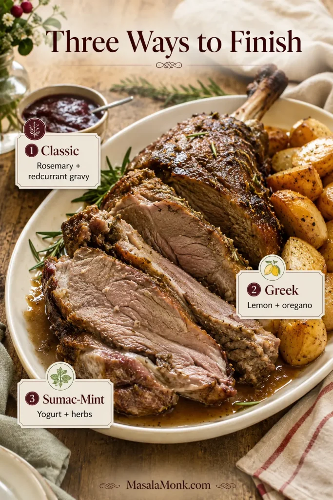 Serving platter of sliced slow cooker leg of lamb with gravy and labels for classic, Greek and sumac-mint finishing options.