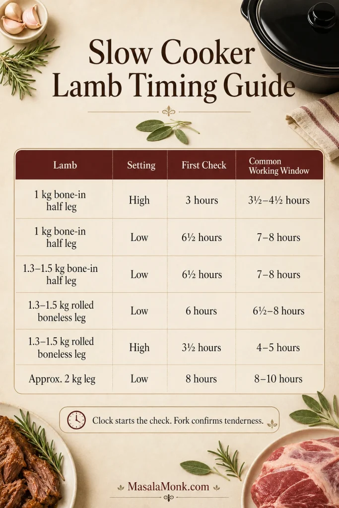 Slow cooker lamb timing guide table with weights, settings, first-check times and common working windows for leg of lamb.
