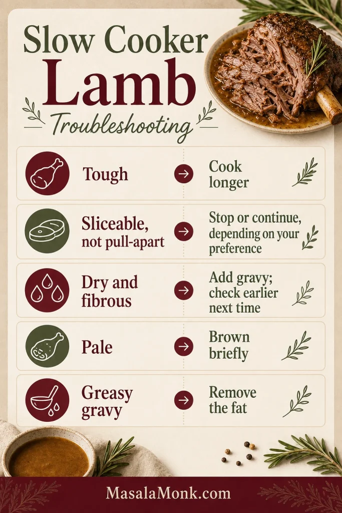 Troubleshooting guide for slow cooker leg of lamb showing tough meat, sliceable but not pull-apart meat, dry meat, pale lamb and greasy gravy with the matching fixes.