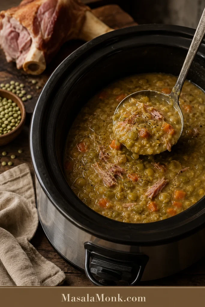 Slow cooker filled with thick pea and ham soup, shredded ham, carrots, split peas, and a ladle.