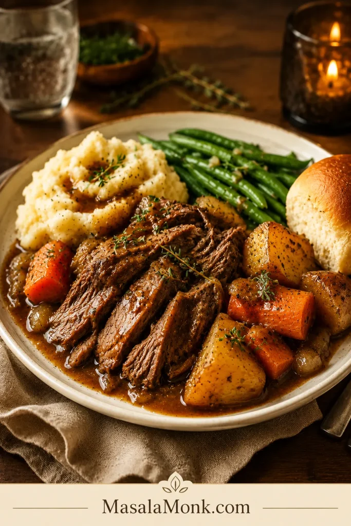 Finished slow cooker pot roast dinner plate with tender beef, carrots, potatoes, gravy, and sides on a cream plate.