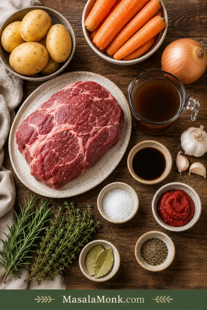 Overhead flat lay of slow cooker pot roast ingredients including chuck roast, carrots, potatoes, onion, garlic, broth, Worcestershire sauce, tomato paste, and herbs.