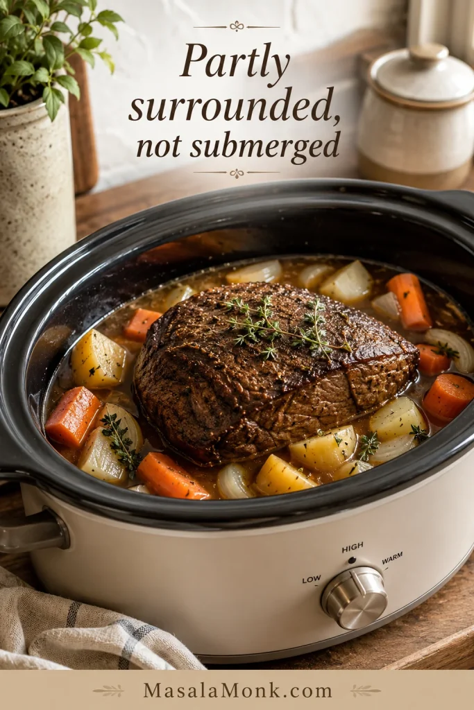 Slow cooker pot roast with the roast partly surrounded by broth, showing the correct liquid level.
