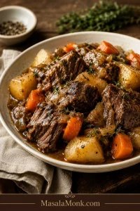 Plated slow cooker pot roast with tender chuck roast, carrots, potatoes, softened onions, and rich brown gravy on a cream plate.