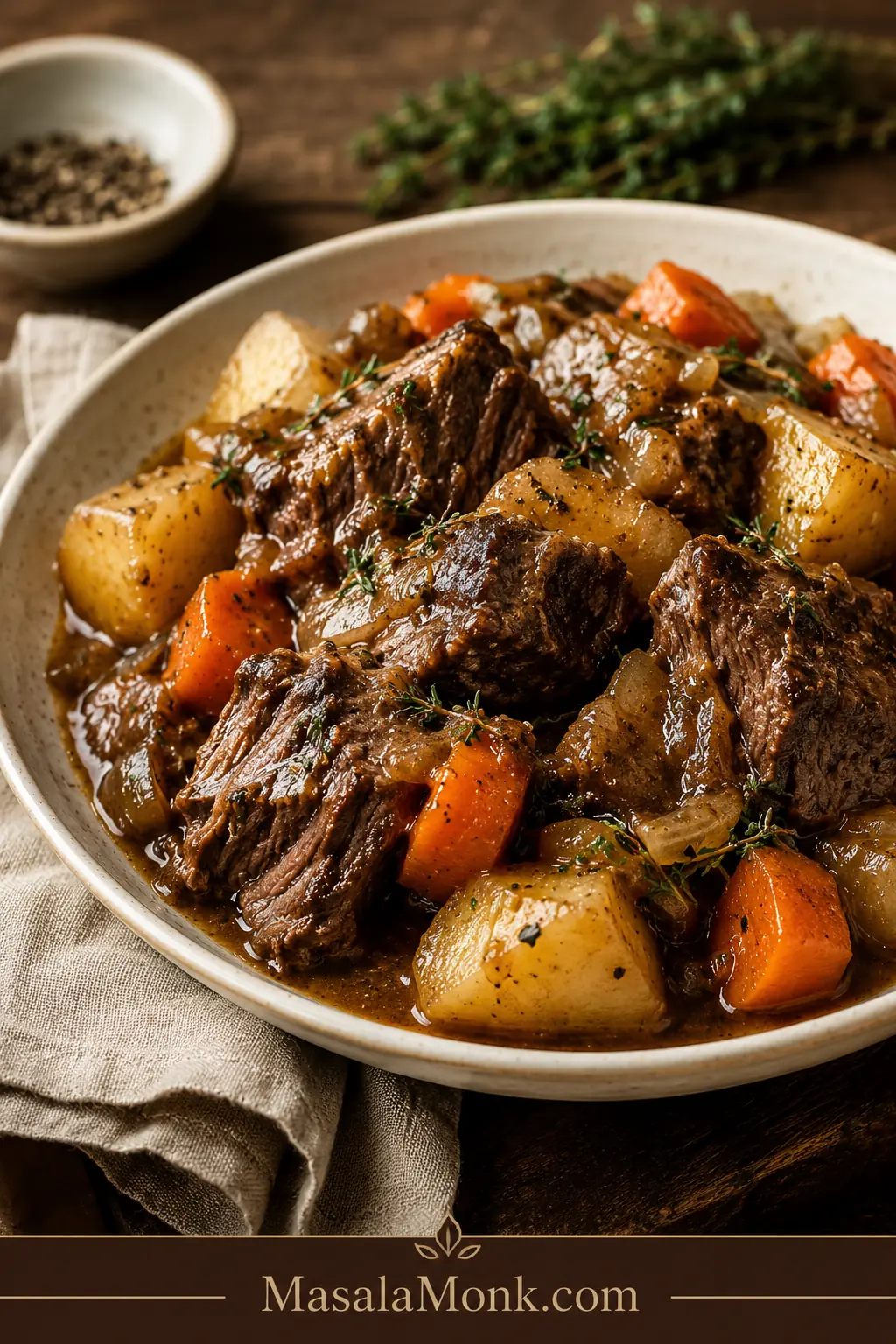 Plated slow cooker pot roast with tender chuck roast, carrots, potatoes, softened onions, and rich brown gravy on a cream plate.