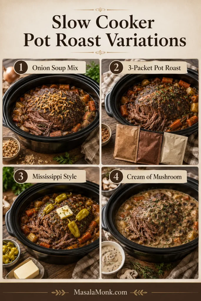 Four-panel slow cooker pot roast variations board showing onion soup mix, 3-packet, Mississippi style, and cream of mushroom versions.