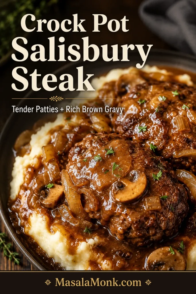Vertical recipe image showing crock pot Salisbury steak with tender patties, rich brown gravy, and mashed potatoes.
