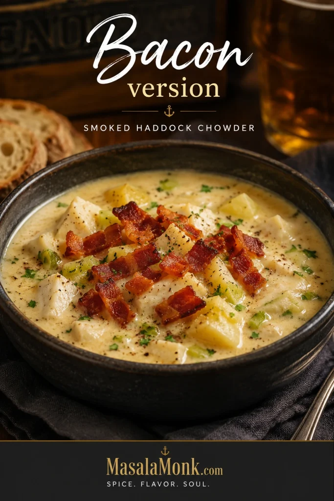 Bowl of smoked haddock chowder topped with crispy bacon, herbs, potatoes, leeks, and creamy broth in a dark bowl.