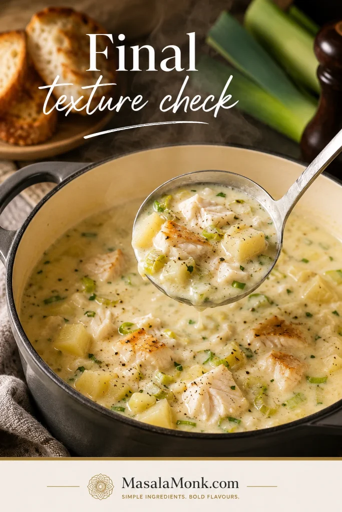 Ladle lifting finished smoked haddock chowder with fish flakes, potatoes, leeks, herbs, and creamy broth.