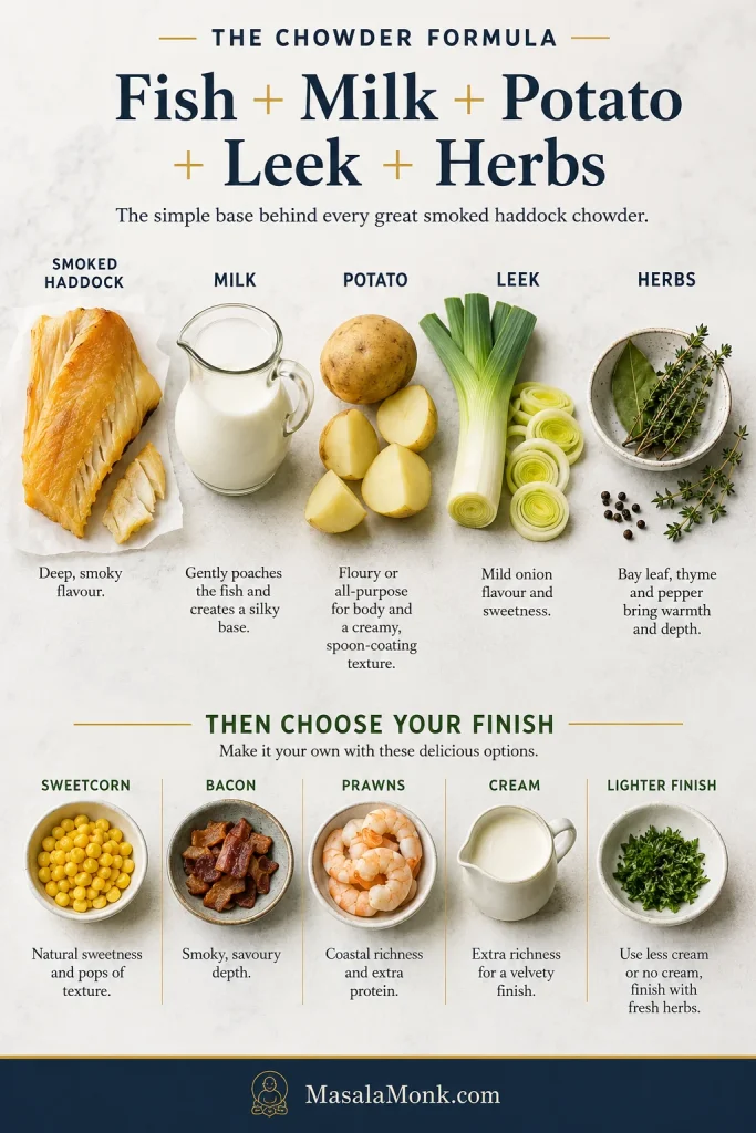 Ingredient guide showing a smoked haddock chowder formula with fish, milk, potatoes, leek, herbs, and optional finishes.