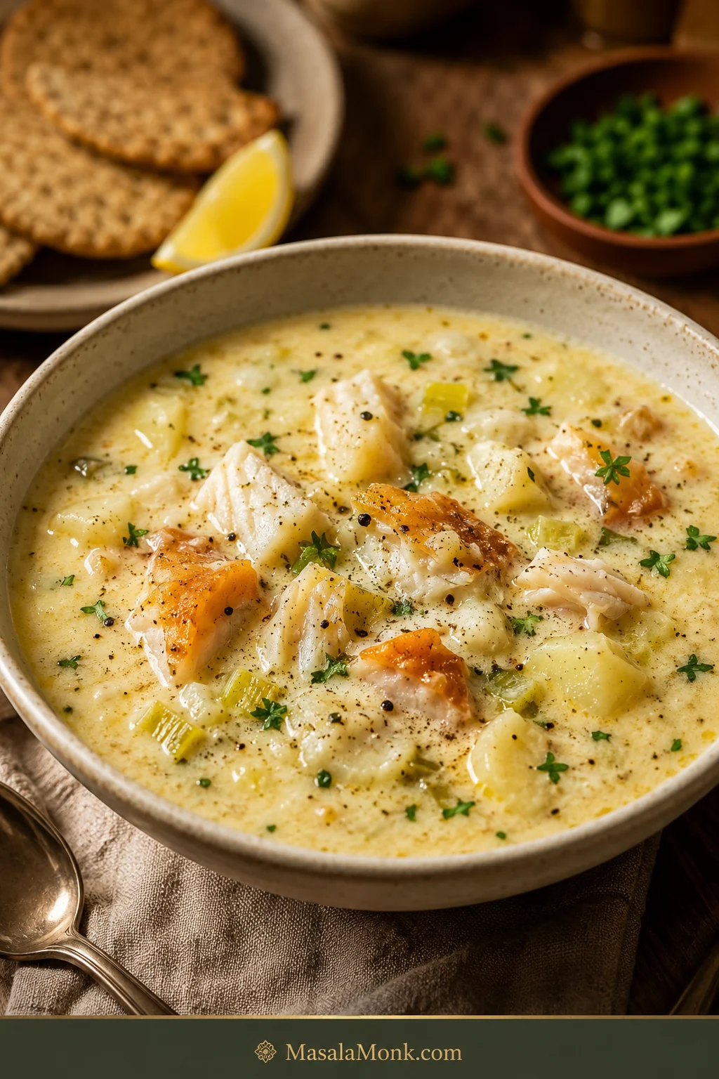 Bowl of smoked haddock chowder with fish flakes, potato chunks, herbs, black pepper, crackers, and a lemon wedge on a wooden table.