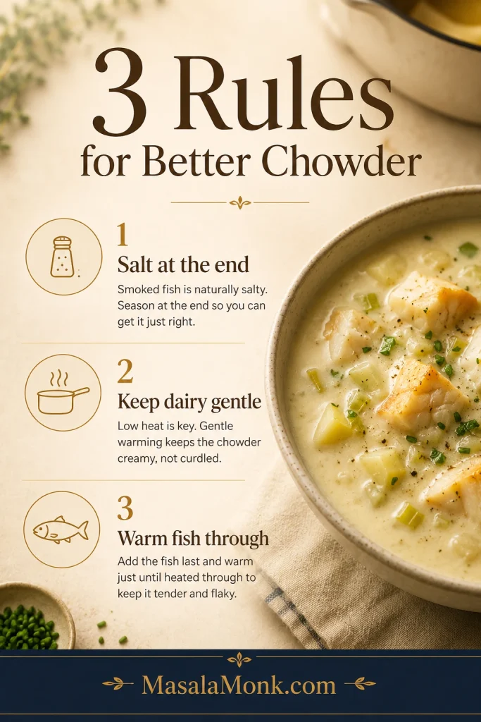 Guide graphic showing three smoked haddock chowder rules: salt at the end, keep dairy gentle, and warm fish through.