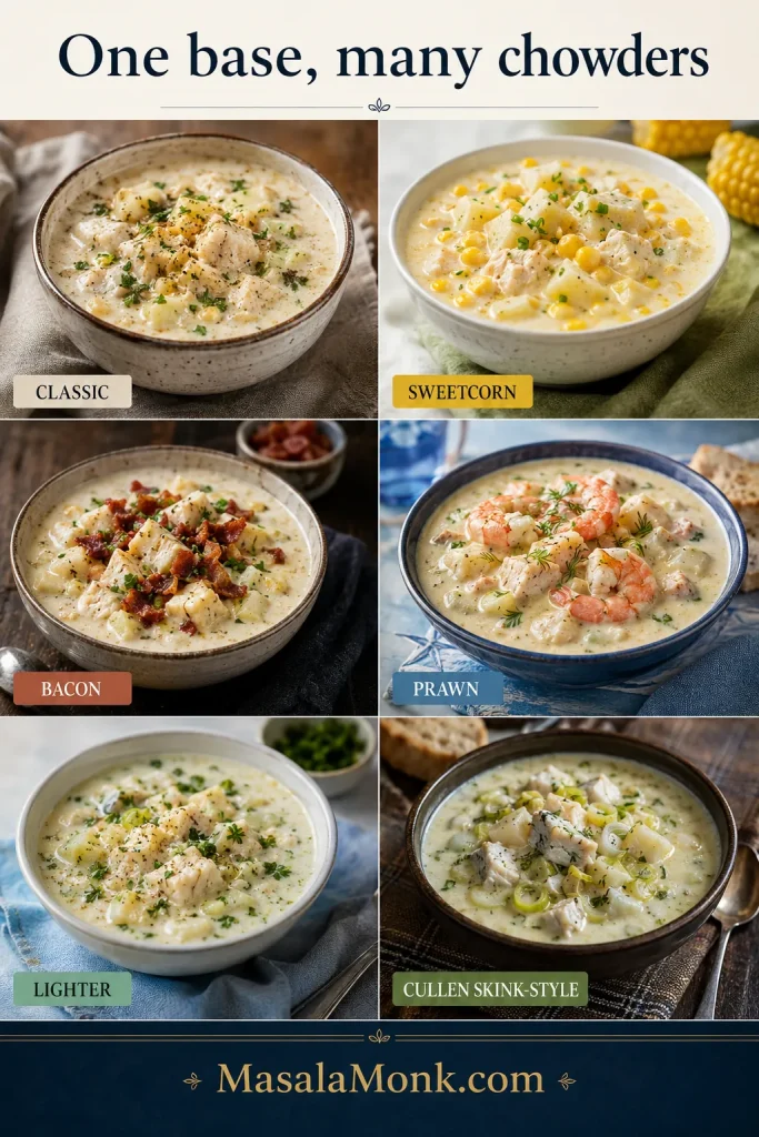 Six-panel guide showing classic, sweetcorn, bacon, prawn, lighter, and Cullen skink-style smoked haddock chowder variations.