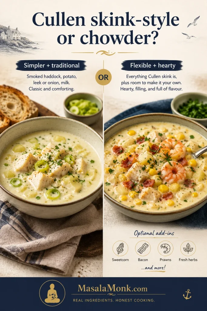 Split comparison showing a simpler Cullen skink-style bowl beside a fuller smoked haddock chowder with optional add-ins.