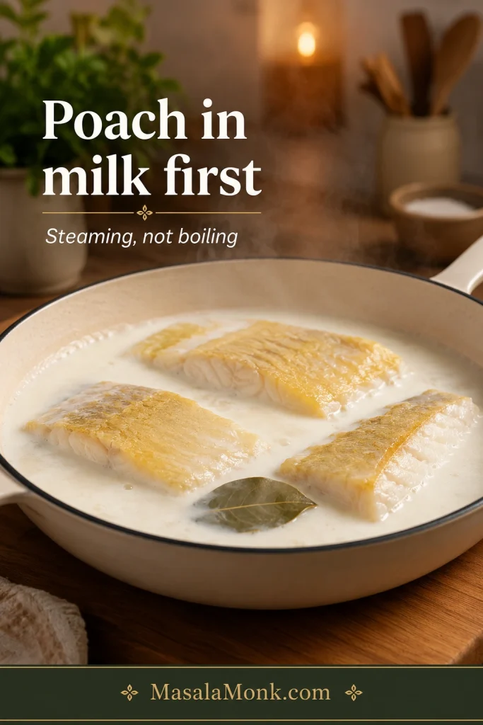 Smoked haddock fillets gently poaching in milk in a shallow pan with a bay leaf and light steam.
