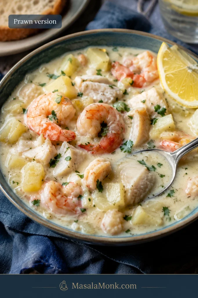 Bowl of smoked haddock and prawn chowder with pink prawns, fish pieces, potatoes, herbs, lemon, and creamy broth.