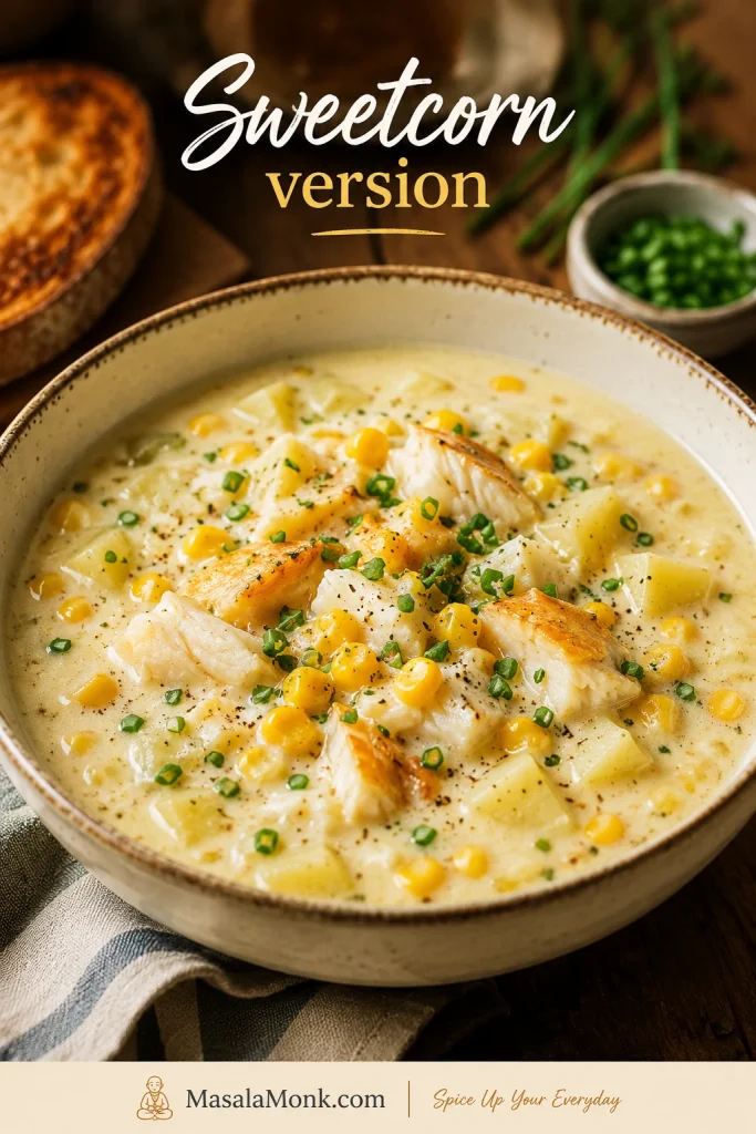 Bowl of smoked haddock and sweetcorn chowder with fish flakes, potato chunks, herbs, black pepper, and visible sweetcorn.