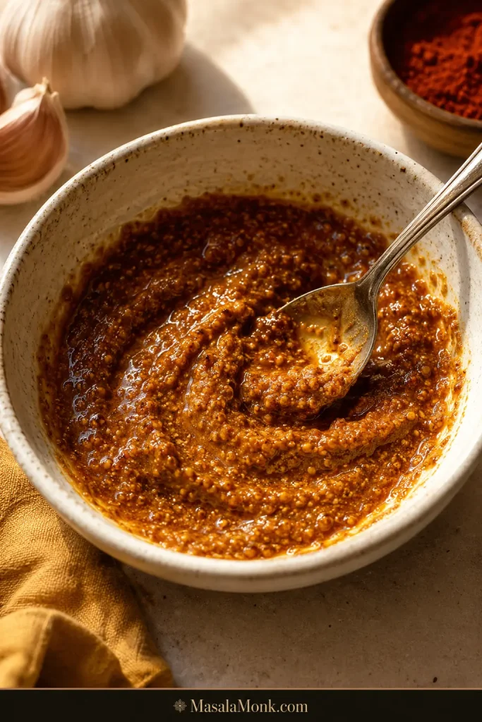 Bowl of smoky garlic Dijon rub with a spoon, made with mustard, paprika, oil, garlic, and seasonings.