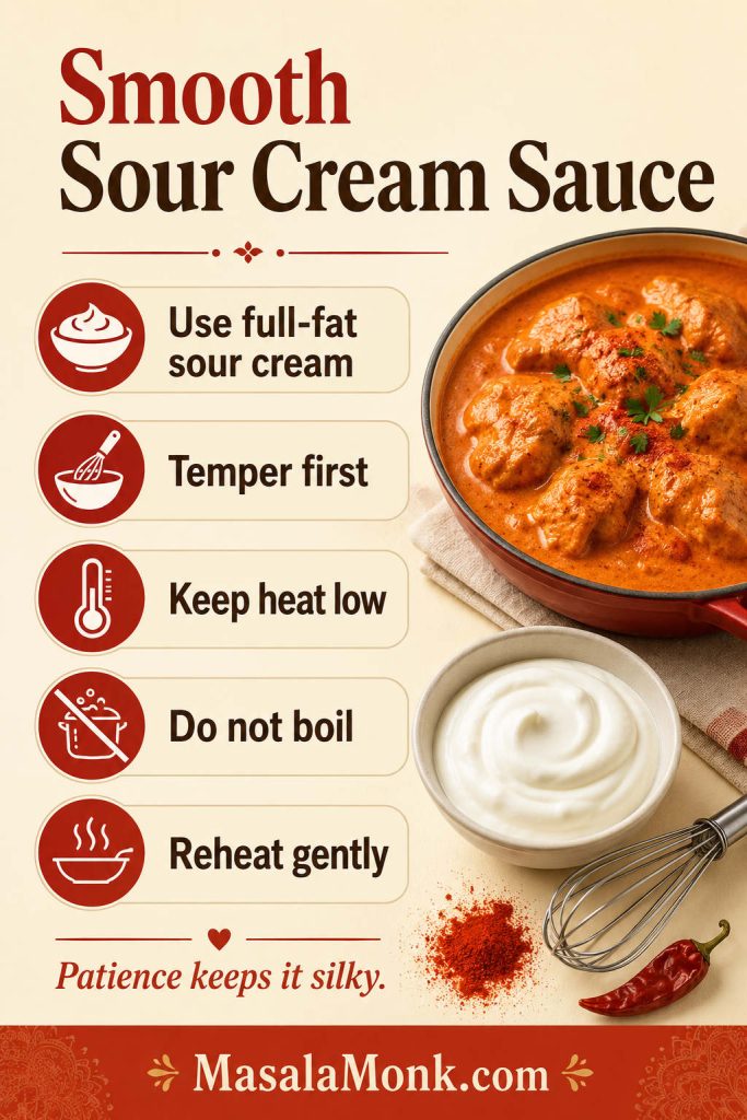 Infographic with tips for smooth sour cream sauce, including using full-fat sour cream, tempering first and keeping heat low.