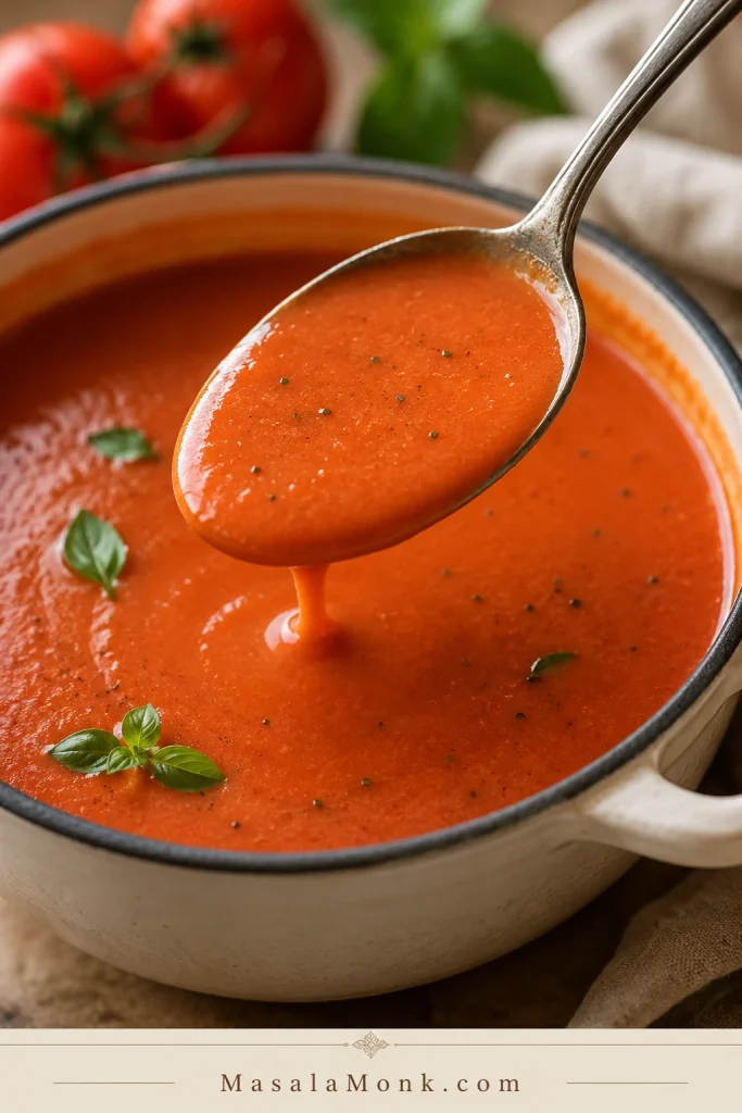 Smooth tomato soup lightly coating a spoon above the pot.