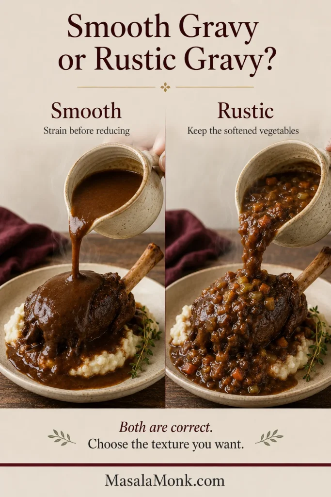 Two plated lamb shanks compare smooth strained gravy with rustic gravy containing softened vegetables.