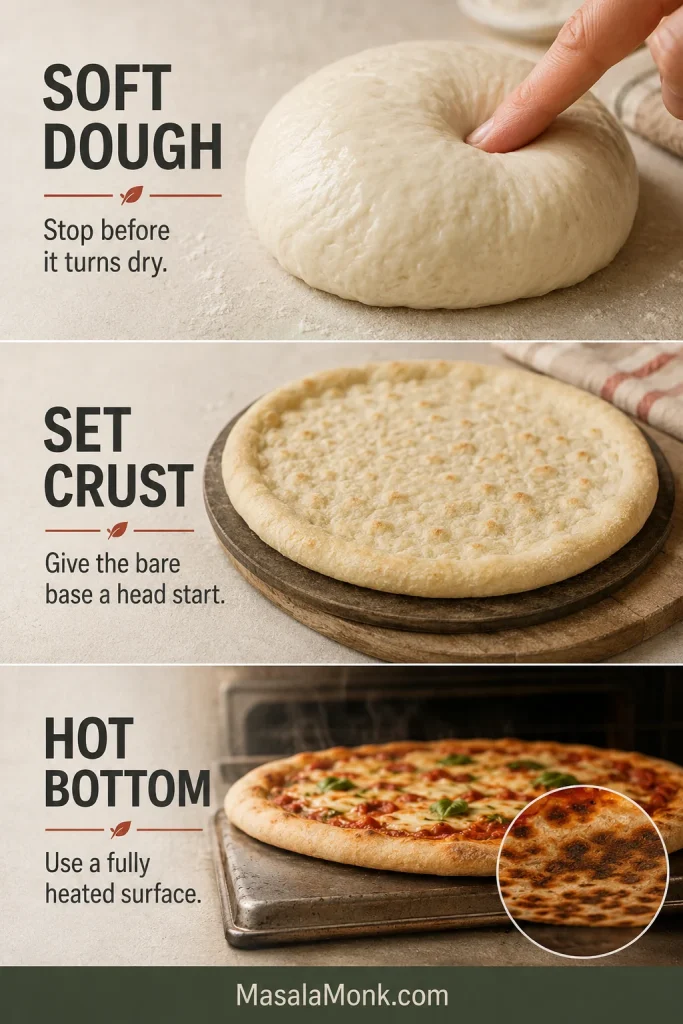 Instructional guide showing soft dough, set crust and hot bottom cues for Greek yogurt pizza dough.