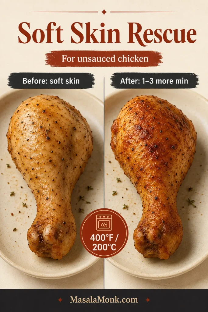 Before-and-after guide showing a cooked drumstick with soft skin and another drumstick with firmer browned skin after one to three more minutes.