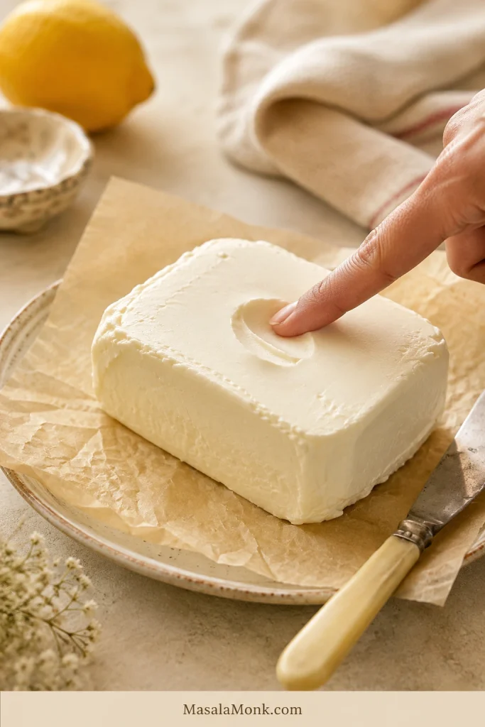 Close-up of softened cream cheese being pressed to show the right texture before making pie filling.