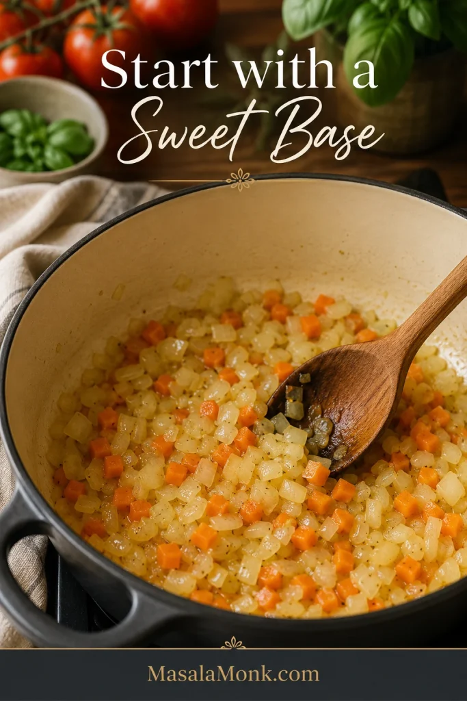 Onion and carrot cooking in a pot with a wooden spoon as the aromatic base for tomato basil soup.