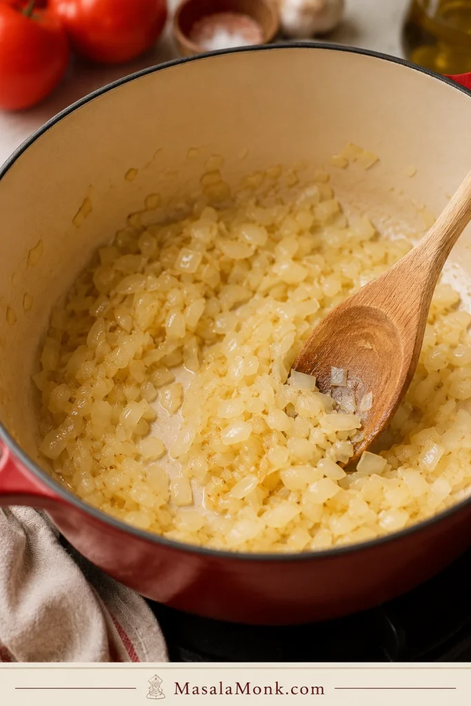 Chopped onion softening in a Dutch oven with a wooden spoon.