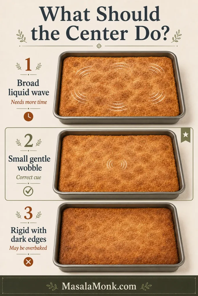 Three pans of Sopapilla Cheesecake illustrating a broad surface wave, a small center wobble and a rigid surface with darker edges.