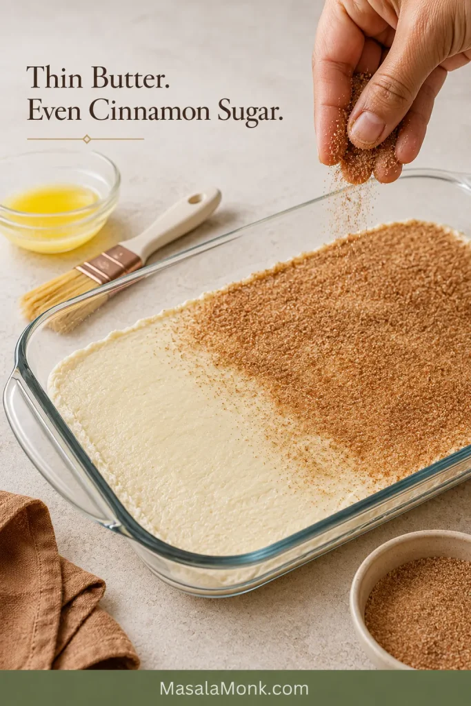 Cinnamon sugar being sprinkled over a lightly buttered crescent dough top, with coated and uncoated areas visible.