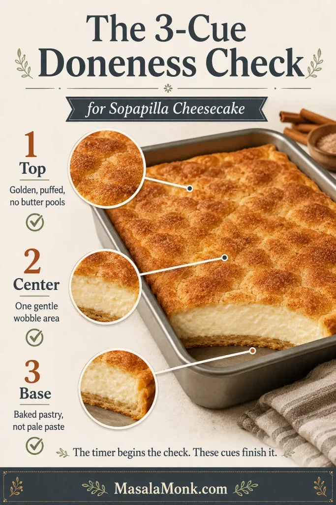 Three-cue Sopapilla Cheesecake doneness guide showing a golden top, a gently moving center and a fully baked lower pastry layer.