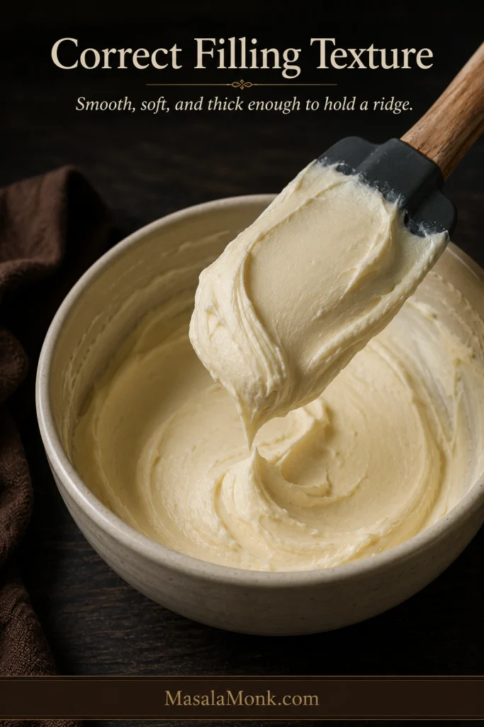 Close-up of smooth pale cream cheese filling lifted on a flexible spatula and holding a soft ridge over a mixing bowl.