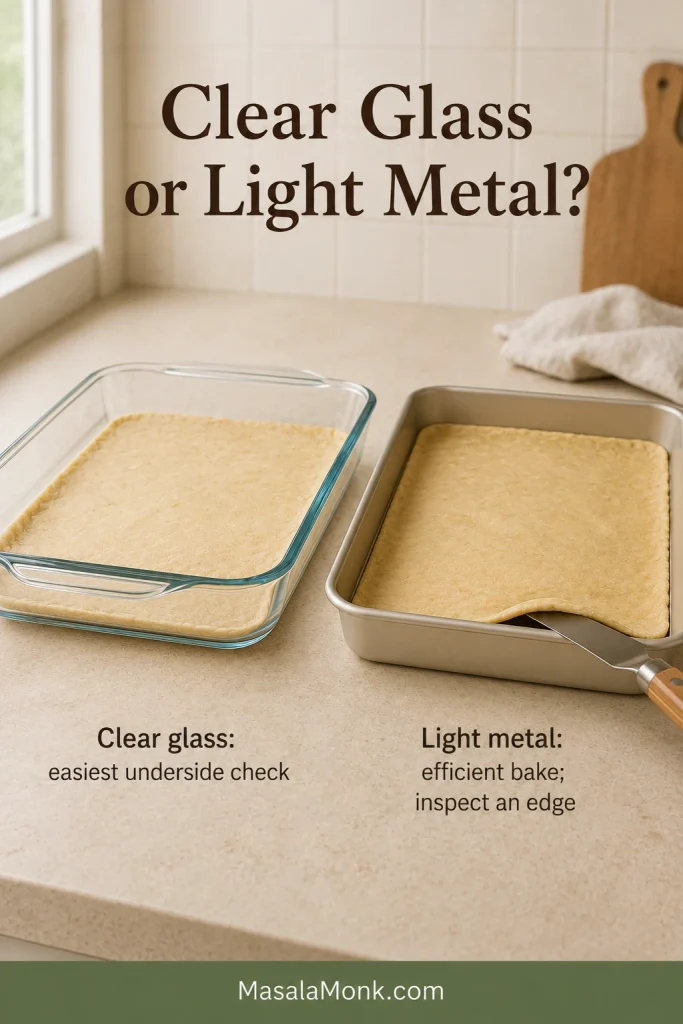 Clear glass and light-colored metal baking pans fitted with crescent dough, with labels explaining how to check the lower pastry in each pan.