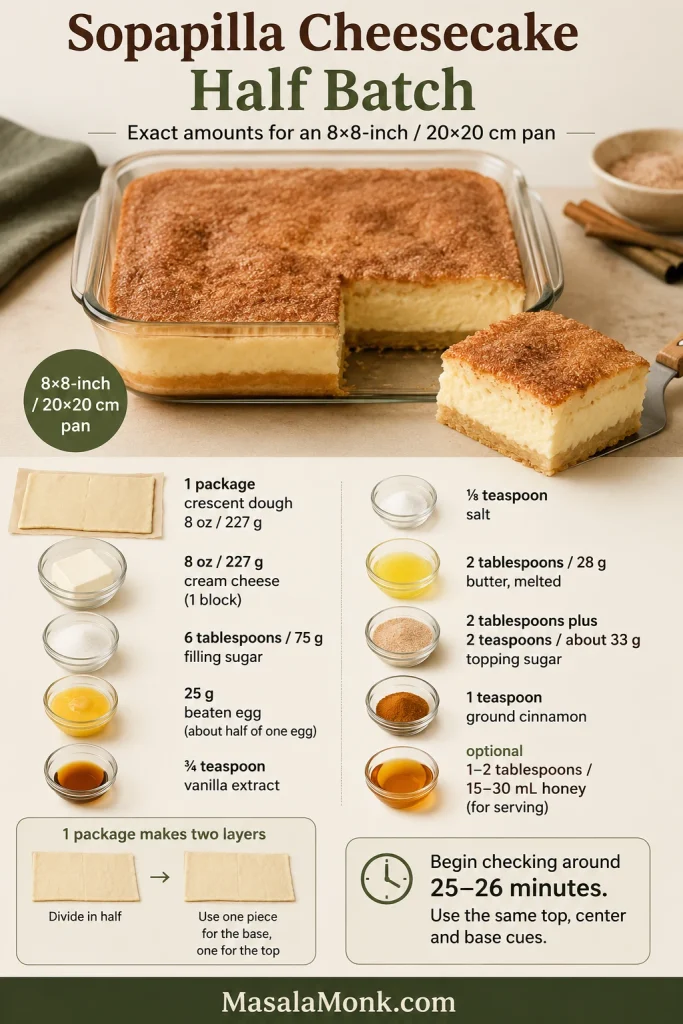 Half-batch Sopapilla Cheesecake guide showing an 8-by-8-inch pan, scaled ingredients, one dough package divided into two layers and a first checking time of 25 to 26 minutes.