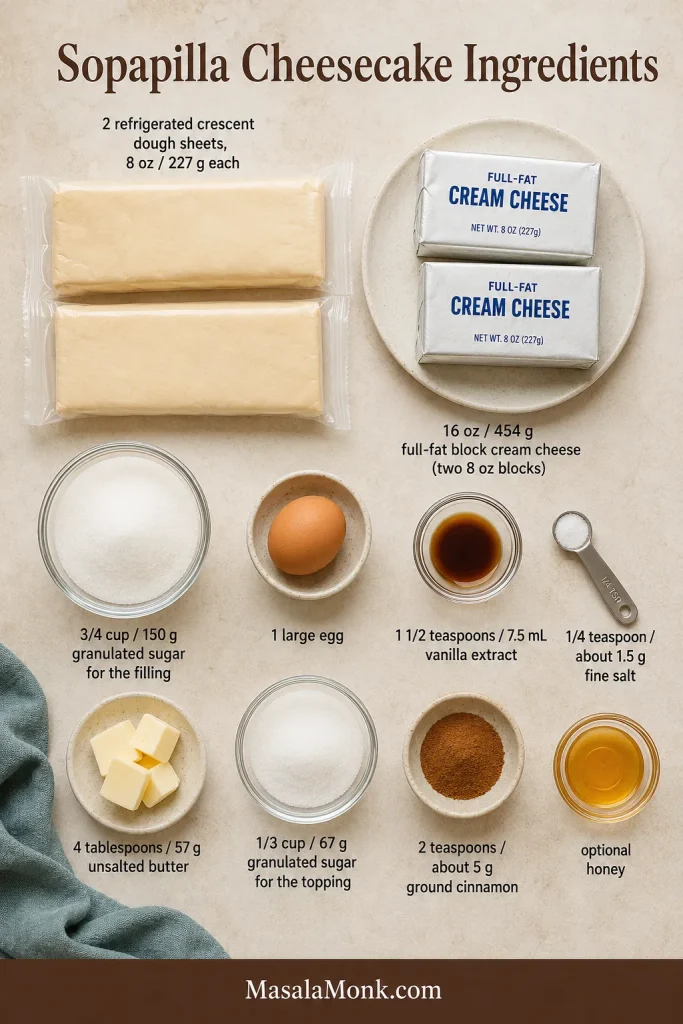 Overhead ingredient layout with two crescent dough sheets, two cream cheese blocks, sugar, egg, vanilla, salt, butter, cinnamon and optional honey, labeled with quantities.