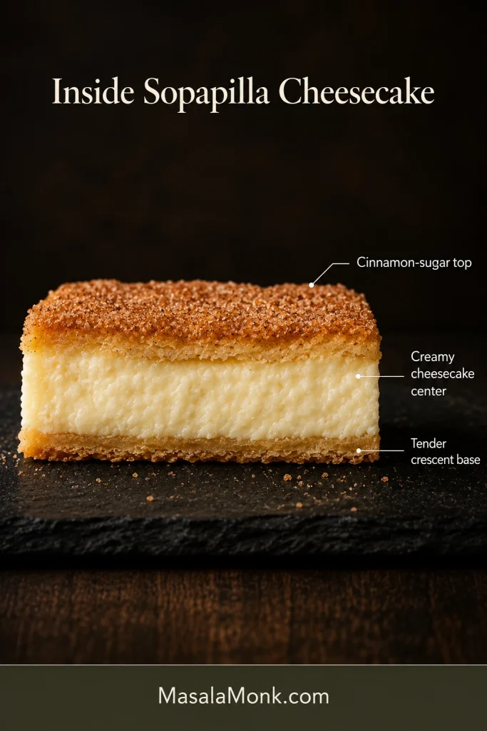 Labeled cross-section of a Sopapilla Cheesecake bar identifying the cinnamon-sugar top, creamy cheesecake center and tender crescent base.
