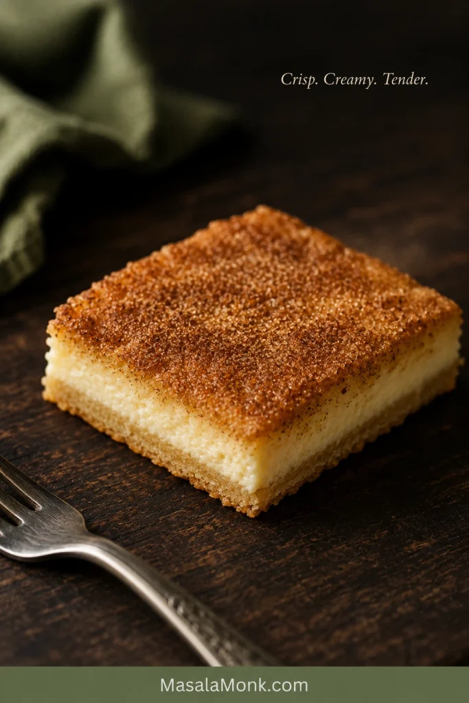 Close-up of one Sopapilla Cheesecake bar with a crackled cinnamon-sugar top, pale creamy center and thin baked crescent dough base.