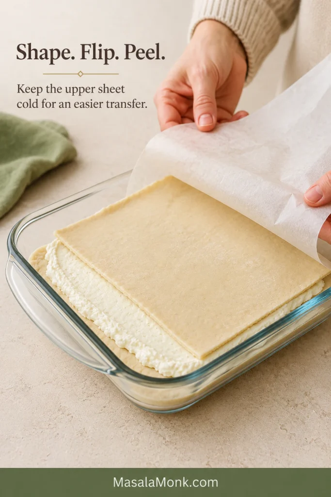 Hands peeling parchment from the upper crescent dough sheet after transferring it onto the cream cheese filling in a glass pan.