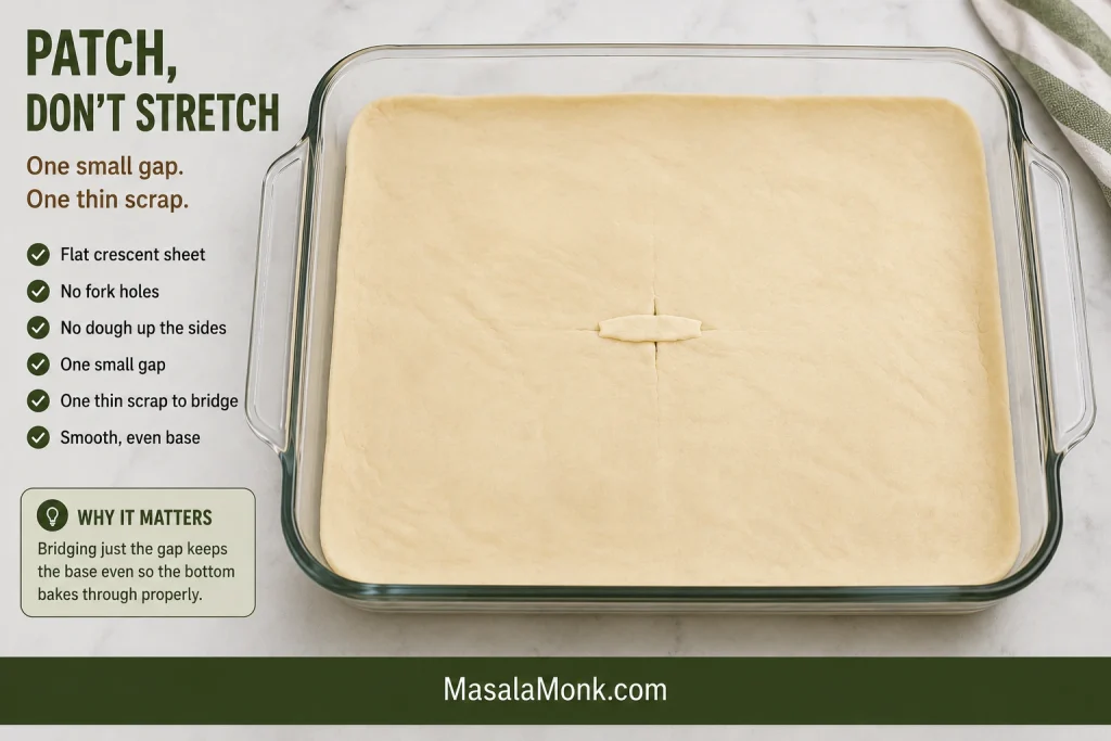 Instructional overhead view of a flat crescent dough sheet in a glass baking dish, with one small gap covered by one thin dough scrap.