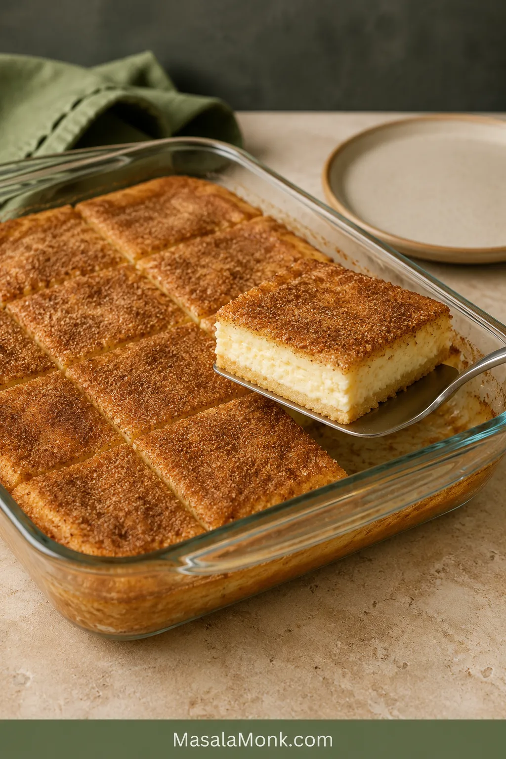 Clear glass pan of Sopapilla Cheesecake with one corner bar lifted on a metal spatula, revealing a cinnamon-sugar top, creamy filling and baked crescent base.