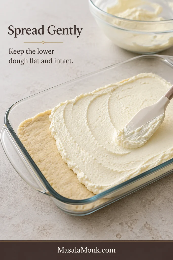 Cream cheese filling being spread over the lower crescent dough in a clear glass pan, with part of the pastry base still visible.