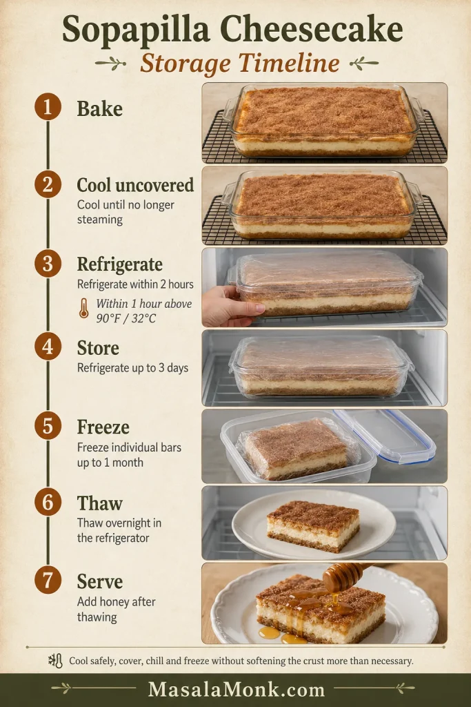 Storage timeline showing Sopapilla Cheesecake cooling uncovered, being refrigerated, stored for three days, frozen individually, thawed overnight and served afterward.