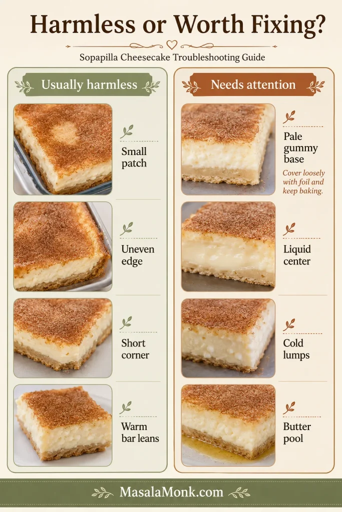 Troubleshooting guide comparing harmless dough patches and uneven edges with a gummy base, liquid center, cream cheese lumps and pooled butter.
