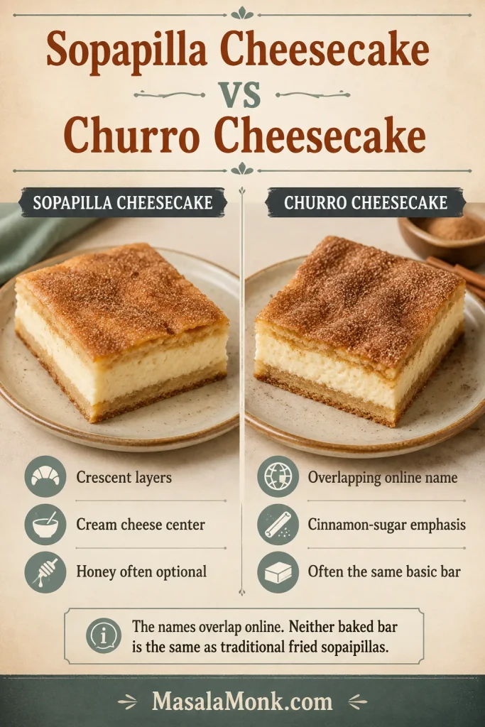 Side-by-side comparison of Sopapilla Cheesecake and Churro Cheesecake bars with crescent pastry, cream cheese filling and cinnamon-sugar tops.