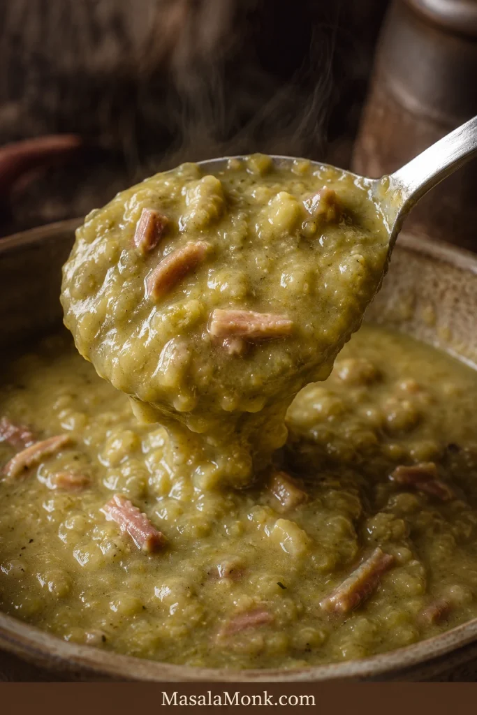 Spoon lifting thick pea and ham soup with collapsed split peas, shredded ham, and steam rising from the bowl.