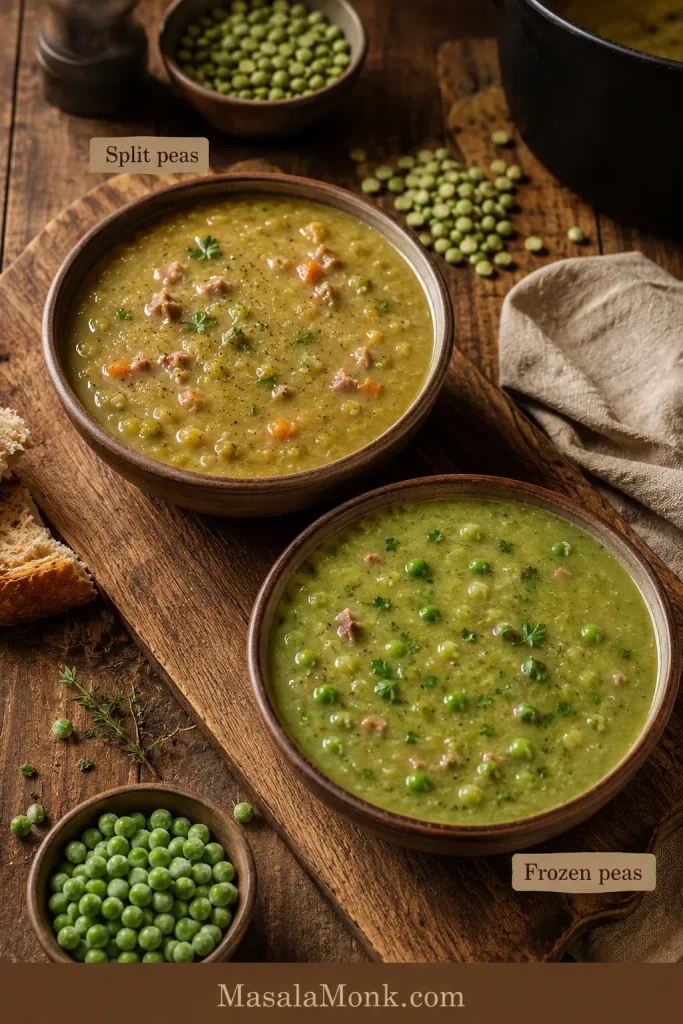 Dried split peas and frozen peas shown with two different pea and ham soups for comparison.