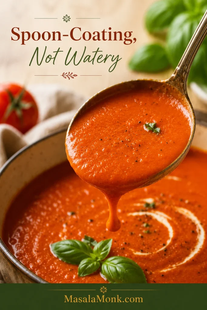 Spoon lifted from smooth tomato basil soup showing a glossy, lightly thick texture.